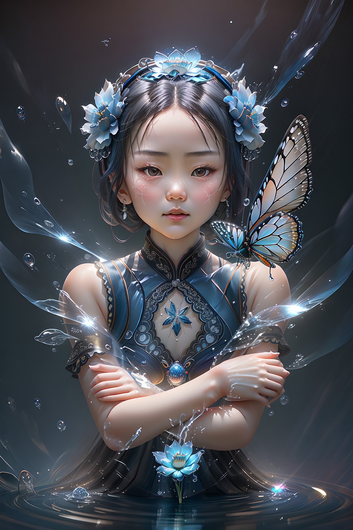 masterpiece,best quality,guochao\(style\),(1girl:1.6),Butterfly,bug,blue butterfly,flower,blue flower,no person,still life...